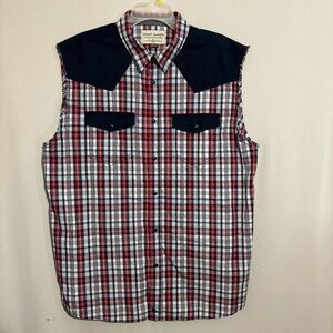 Cody James Men's Red, White and Blue Plaid Sleeveless Shirt size XL